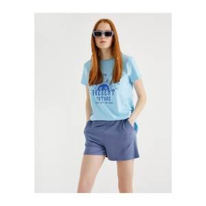 Koton Women's Printed Cotton Blue T-Shirt