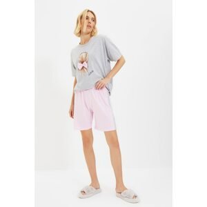 Trendyol Gray-Pink Printed Knitted Pajamas Set