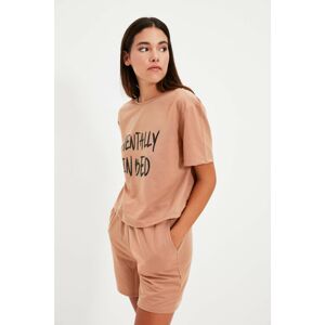 Trendyol Camel Slogan Printed Knitted Pajamas Set