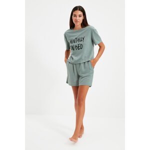 Trendyol Mint Slogan Printed Knitted Pajamas Set