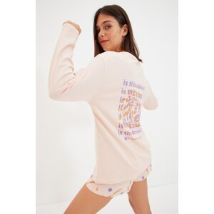 Trendyol Pink Slogan Printed Knitted Pajamas Set