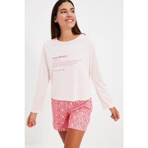 Trendyol Pink Slogan Printed Knitted Pajamas Set