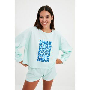 Trendyol Mint Slogan Printed Knitted Pajamas Set