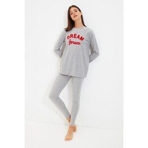 Trendyol Gray Slogan Printed Knitted Pajamas Set