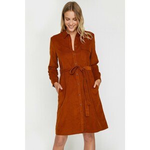 Koton Women's Brown Classic Collar Long Sleeve Detailed Tie Waist Midi Dress