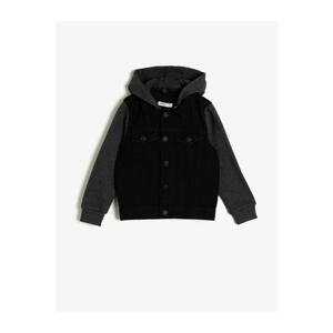 Koton Boy's Black Sleeves and Hooded Sweatshirt Fabric Hooded Casual Jean Jacket