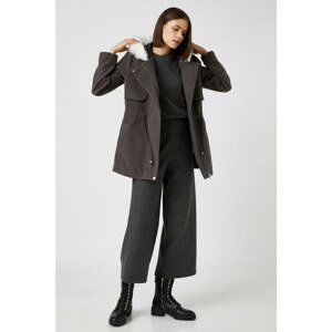 Koton Women's Gray Faux Fur Detailed Hooded Coat