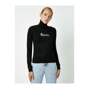 Koton Women's Black Long Sleeve Turtleneck Embroidered Sweater