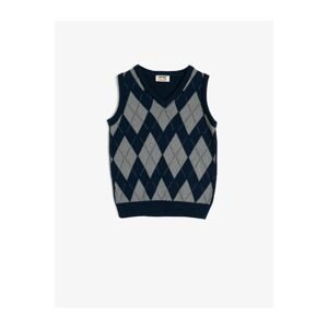 Koton Boy's Navy Blue V-Neck Sleeveless Patterned Sweater