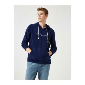 Koton Men's Navy Blue Kangaroo Pocket Printed Hoodie Sweatshirt