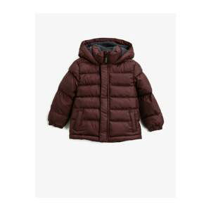 Koton Boy Claret Red Hooded High Collar Zippered Inflatable Coat with Pocket