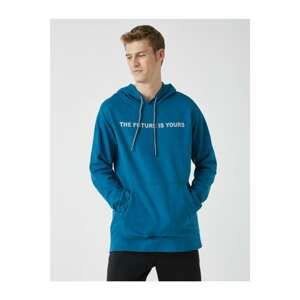 Koton Men's Blue Hooded Printed Long Sleeve Sweatshirt