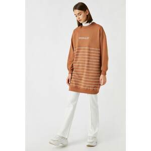 Koton Women's Brown Cotton Striped Slogan Long Sweatshirt