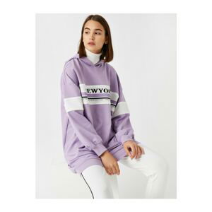 Koton Women's Purple Cotton Hoodie Printed Color Block Sweatshirt