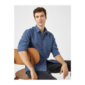 Koton Men's Blue Plaid Checkered Classic Collar Long Sleeve Shirt