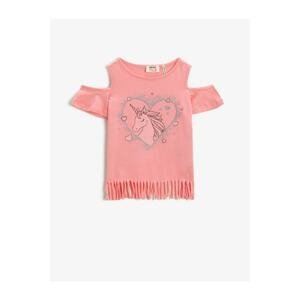 Koton Girl's Pink Unicorn Printed Sleeve Detailed T-Shirt