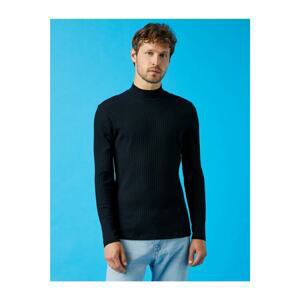 Koton Men's Black Ribbed Stand Collar Cotton Sweater