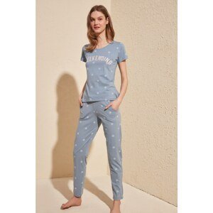 Trendyol Blue 100% Cotton Polka Dot T-shirt-Pants Knitted Pajama Set
