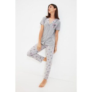 Trendyol Gray Floral Pattern Knitted Pajamas Set