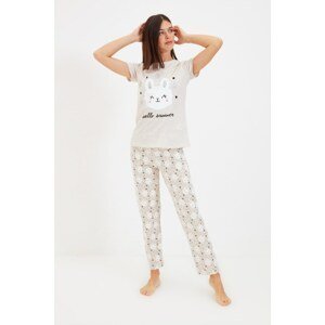 Trendyol Beige Animal Pattern Knitted Pajamas Set