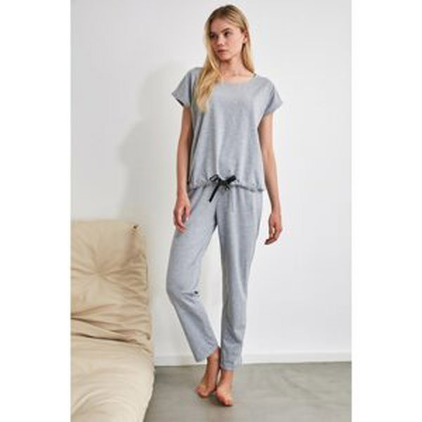 Trendyol Gray Lacing Detailed Knitted Pajamas Set