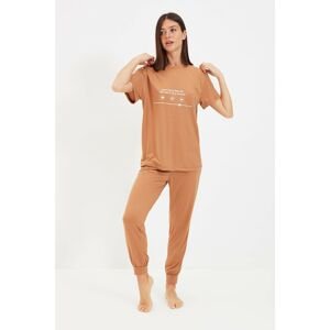 Trendyol Beige Printed Knitted Pajamas Set