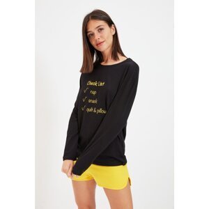 Trendyol Yellow Slogan Printed Knitted Pajamas Set