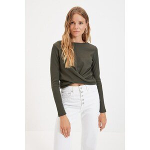Trendyol Khaki Wrapped Waist Detailed Crop Knitted Blouse