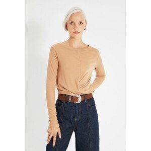 Trendyol Camel Wrap Waist Detailed Crop Knitted Blouse