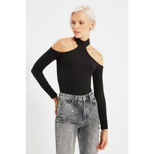 Trendyol Black Cut Out Stand Up Collar Corduroy Knitted Blouse