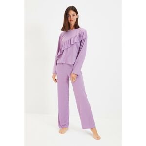 Trendyol Purple Frilly Knitted Pajamas Set
