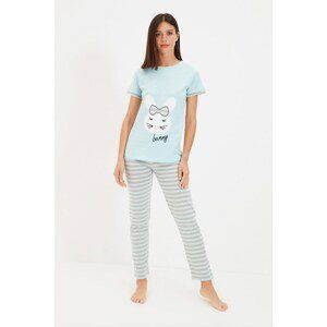 Trendyol Blue Animal Pattern Knitted Pajamas Set