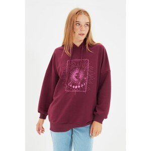 Trendyol Plum Printed Long Oversize Knitted Sweatshirt
