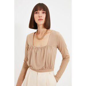 Trendyol Camel Square Collar Ruffle Detailed Crop Blouse