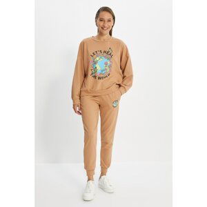 Trendyol Beige Printed Basic Knitted Tracksuit Set