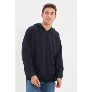Trendyol Navy Blue Men's Oversize/Wide-Fit Long Sleeve Hooded Striped Cotton Sweatshirt