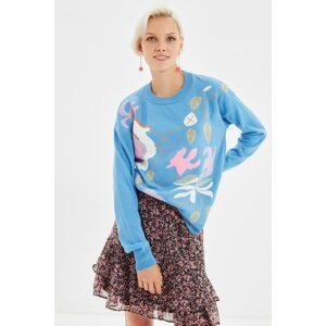Trendyol Blue Crew Neck Jacquard Knitwear Sweater