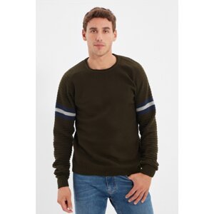 Trendyol Khaki Men's Slim Fit Crew Neck Sleeve Striped Knitwear Sweater