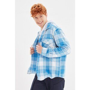 Trendyol Blue Mens Relax Fit Shirt Collar Double Pocket Capped Long Sleeve Lumberjack Plaid Shirt