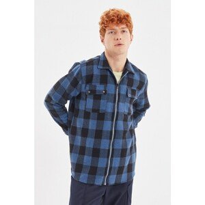 Trendyol Indigo Men Regular Fit Shirt Collar Double Pocket Covered Zipper Lumberjack Plaid Shirt