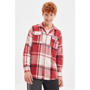 Trendyol Red Mens Oversize Fit Shirt Collar Double Pocket Clamshell Lumberjack Plaid Long Sleeve Shirt