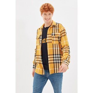 Trendyol Mustard Mens Oversize Fit Shirt Collar Double Pocket Covered Lumberjack Plaid Long Sleeve Shirt