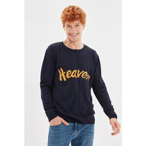 Trendyol Navy Blue Men's Crew Neck Slogan Regular Fit Knitwear Sweater