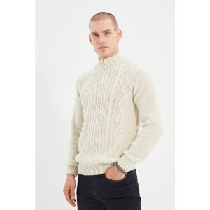 Trendyol Ecru Men's Slim Fit Half Fisherman Zippered Hair Knit Knitwear Sweater