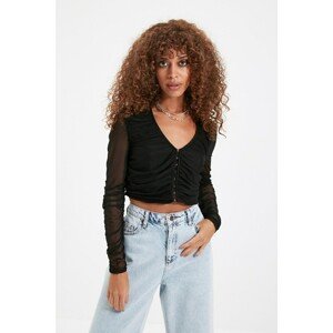 Trendyol Black Agraph Detailed Fitted Tulle Knitted Blouse