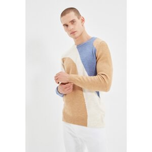 Trendyol Camel Men's Slim Fit Crew Neck Color Block Detailed Sweater
