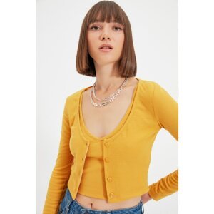 Trendyol Mustard Crop Button Knitted Cardigan