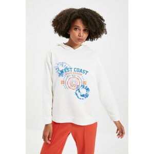 Trendyol Ecru Oversize Hoodie Printed Knitted Sweatshirt