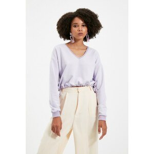 Trendyol Lilac V-Neck Pleated Crop Knitted Sweatshirt