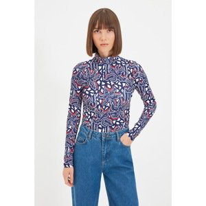 Trendyol Blue Patterned Knitted Stand Up Blouse
